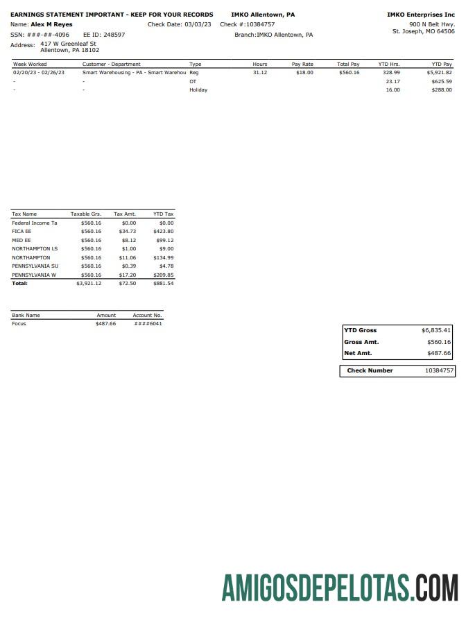 IMKO Enterprises Inc PayStub exemplo